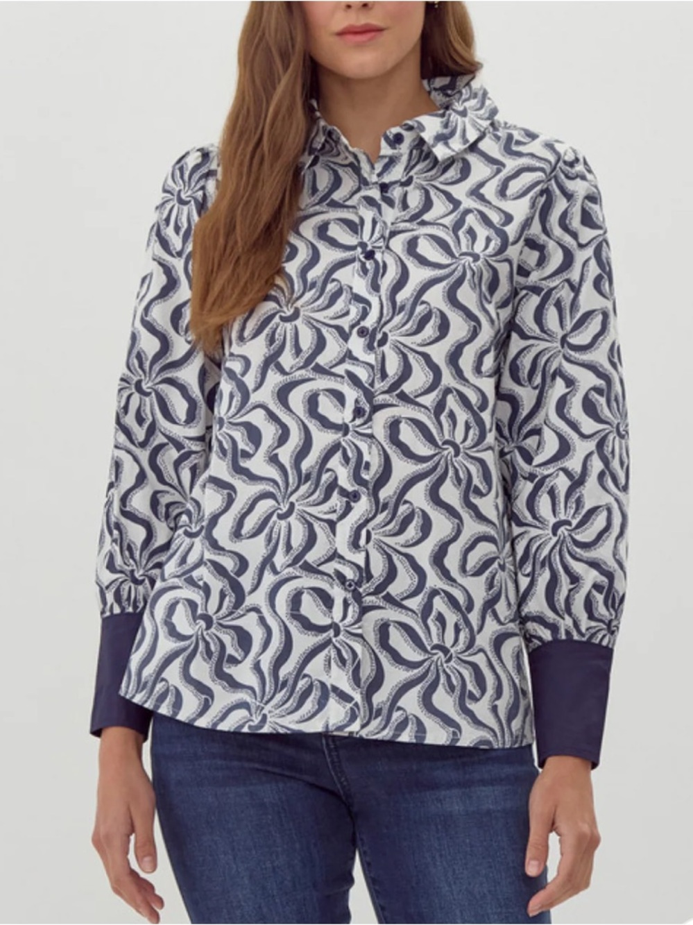 JODIFL Boutique Button-Front Navy & White Shirt Top Large NWT 100% Cotton - Picture 2 of 8